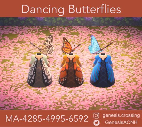 The dress which makes you dance like a butterfly, when you walk around with it! Acnh Butterfly, Custom Design Animal Crossing, Design Animal Crossing, Acnh Dress, Acnh Custom Design, Acnh Outfits, Cottagecore Animal Crossing, Ac Codes, Acnh Clothes