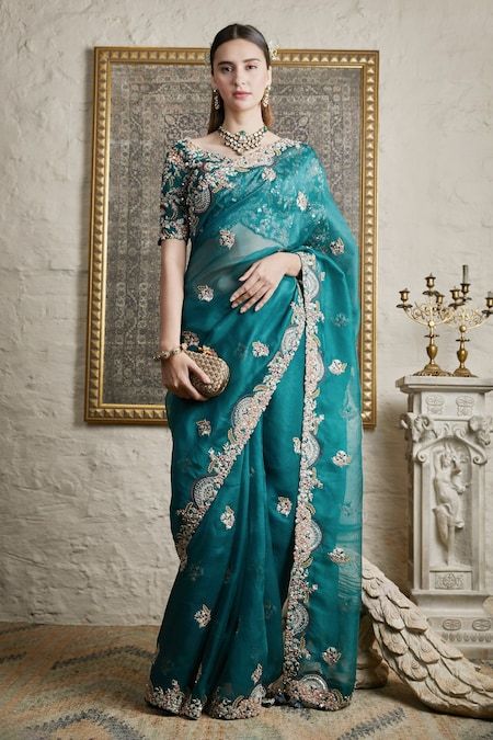 Buy Green Silk Embroidered Floral Sweetheart Neck Saree With Blouse For Women by Prisho Online at Aza Fashions. Peacock Green Saree, Tie Up Blouse, Saree Wearing Styles, Simple Saree Designs, Indian Bridal Sarees, Modern Saree, Fancy Sarees Party Wear, Indian Party, Indian Fashion Saree