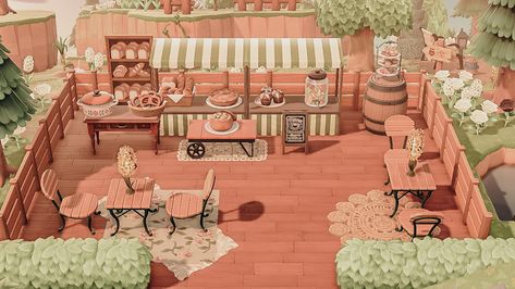 Animal Crossing Coffee Shop Ideas, Acne Cafe Ideas, Outdoor Bakery Acnh, Animal Crossing Bakery Ideas Outdoor, Acnh Pie Shop, Food Court Animal Crossing, Cafe Design Acnh, Acnh Small Cafe, Cafe Acnh Ideas