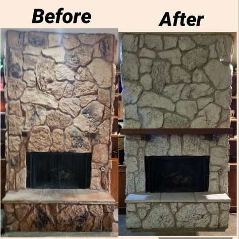 My Sister Made Me do it.......: I Whitewashed my fireplace! North Facing Living Room, Fireplace Whitewash, Painted Rock Fireplaces, Lava Rock Fireplace, Whitewash Stone Fireplace, Rock Veneer, Painted Stone Fireplace, White Wash Fireplace, Rustoleum Chalked