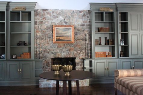 stone Flush Fireplace, Library Lights, Shelf Lights, Bookshelf Fireplace, Media Room Paint Colors, Painted Built Ins, Stone Fireplace Wall, Stone Hearth, Brass Shelf