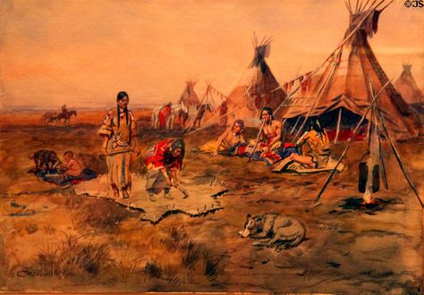 Pain scenes of Indian life - Indian Life painting (1900) by Charles M. Russell at Wichita Art Museum. Wichita, KS. Charlie Russell, Cowboy Pics, Native American Village, Mountain People, Helena Montana, Cowboy Artists, Wilde Westen, American Frontier, Native American Artwork