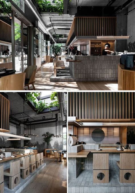 Japanese Modern Restaurant, Show Kitchen Restaurant, Show Kitchen, Japanese Restaurant Interior, Bar Restaurant Design, Japanese Restaurant Design, Architecture Restaurant, Industrial Cafe, Design Café