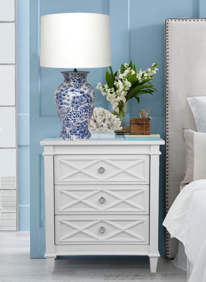 The Prestige Bedside Table looks simple yet incredibly stylish. 😍✨ #indoor #indoorfurniture #furniture #bedroom #bedsidetable #table #home #homedecor Large Bedside Tables, Sophisticated Coastal, Hamptons Interior, Bedside Table Styling, Cafe Lighting, 3 Drawer Bedside Table, Silver Handles, Bedside Table Design, White Bedside Table