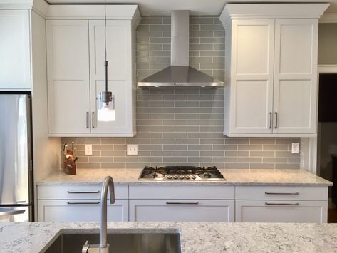 19 Glass Tile Backsplash Design Ideas - Traditions in Tile Gray Glass Tile Backsplash, Greige Tile, Glass Subway Tile Backsplash, Gray Subway Tile Backsplash, Farmhouse Reno, Glass Tiles Kitchen, Gray Tile Backsplash, Glass Tile Backsplash Kitchen, White Glass Tile