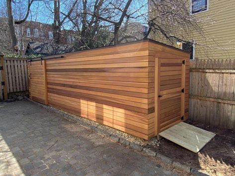 Side Alley Shed Storage, Shed Against Fence, Hidden Shed Ideas, Narrow Garden Shed, Contemporary Garden Shed, Modern Bike Shed, Bike Storage Outdoor, Finished Shed, Modern Garden Shed