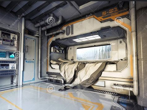 Spaceship Interior Bedrooms, Spaceship Bedroom, Book Retreat, Sci Fi Apartment, Sci Fi Bedroom, Sci Fi Rooms, Spaceship Room, Scifi Room, Cyberpunk Interior