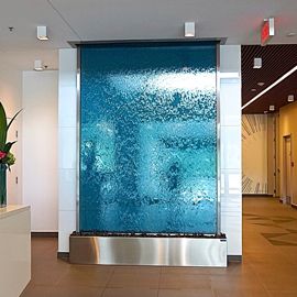 Indoor water fountain creations, Canada, Ontario, Toronto Indoor Waterfall Wall, Glass Fountain, Indoor Wall Fountains, Water Wall Fountain, Custom Water Feature, Indoor Water Features, Indoor Water Fountains, Indoor Waterfall, Bubble Wall