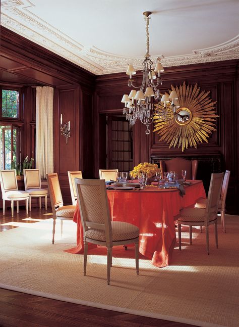 Leaded Glass Cabinets, Jeffrey Bilhuber, Orange Dining Room, French Painted Furniture, Mahogany Paneling, Traditional Chic, Fireplace Set, Simple Curtains, Custom Fireplace