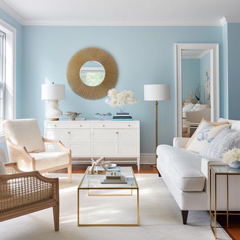 light blue room with white decor Sky Blue Interior Design, Light Blue Living Room Color Scheme, Light Blue Wall Paint, Light Blue Room, Blue Living Room Color Scheme, Blue Living Room Color, Light Blue Rooms, Blue Grey Living Room, Light Blue Living Room