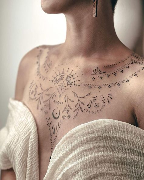 Ornamental Tattoo Design, Ornamental Tattoos, Floral Back Tattoos, Floral Thigh Tattoos, Tattoo Reference, Ornamental Tattoo, Chest Tattoos For Women, Chest Piece Tattoos, Shoulder Tattoos