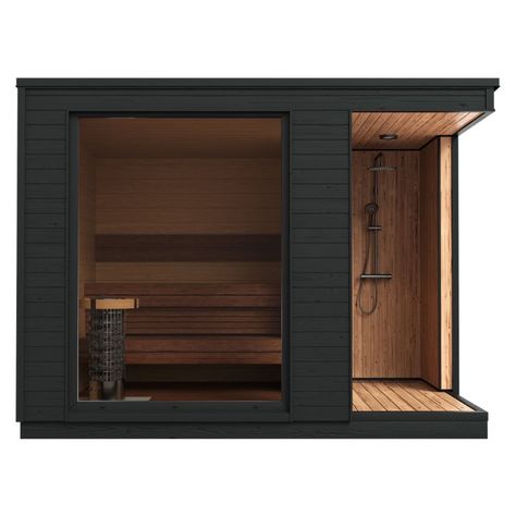 Sauna And Cold Plunge, Black Chimney, Shower Sauna, Sauna Lights, Sauna Shower, Backyard Spa, Sauna Diy, Sauna House, Interior Cladding