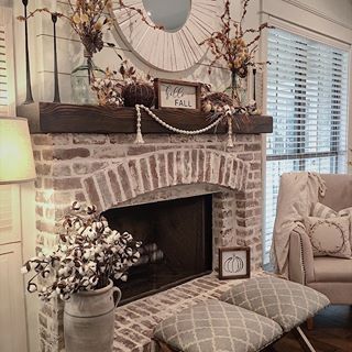 Yay! For Friday’s and cool fall 🍁 weather. . . . .#farmhousestyle #farmhousedecor #farmhouse  #kirklands #myfavpicfriday #whitefarmhouse #mysoutherliving  #thecottagejournal #bhghome #mybhghome #myafh # #cldecor #hgtv  #southernlivingmag #hgtvmagazine  #shiplap #joannagaines #ceilingbeams  #farmhousefireplace #bhgcelebrate #bhgholiday #falldecor #falldecorations Farmhouse Fireplace Ideas, Rustic Farmhouse Fireplace, Design Camino, Farmhouse Mantle, Brick Fireplace Makeover, French Farmhouse Decor, Farmhouse Fireplace, Interior Vintage, Farmhouse Remodel