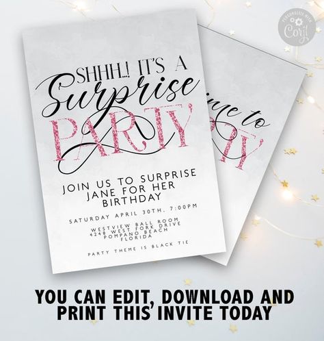 Shhh it's a Surprise Party Birthday Invitation Grey Pink Surprise Birthday Invitation Woman Birthday Invitation 40th birthday 50th 30th by CelebratelyInvites now at https://ift.tt/2G9Mid3 Birthday Invitation Pink, Surprise Birthday Invitations, Woman Birthday, 40th Birthday Invitations, Invitation Pink, Invitations Diy, Surprise Party, Pink Invitations, Birthday List