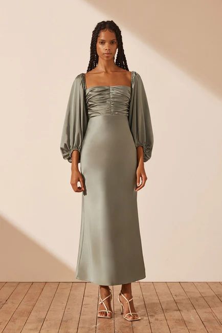 LUXE RUCHED BODICE LONG SLEEVE MIDI DRESS - EUCALYPTUS hover Azure Dress, Mocha Dress, Long Sleeve Bridesmaid Dress, Shona Joy, Satin Bridesmaid Dresses, Maxi Dress Online, Ruched Bodice, Midi Length Skirts, Sleeve Midi Dress