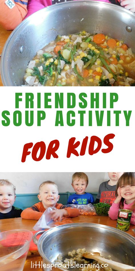 Celebrating friendship is an awesome activity for kids. Relationships and belonging are an important part of development and future school success. Friendship soup is a great way to get kids thinking about others and sharing. Even my pickiest kids ate this up because they helped make it and shared ingredients for it. Preschool Cooking Activities, Soup For Kids, Friendship Soup, Preschool Friendship, Thanksgiving Soups, Preschool Cooking, Soups For Kids, Friendship Activities, Celebrating Friendship