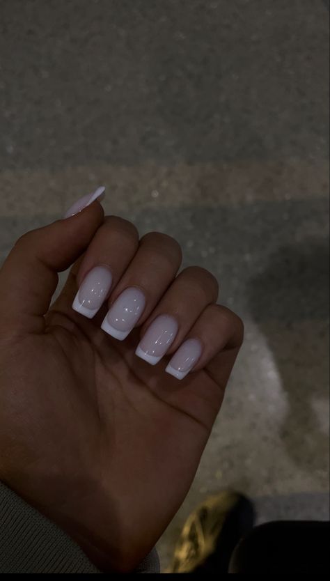 Nail Milky White French, Gray White French Tip Nails, White And Grey French Nails, Milky Nails French Tip, Clean Nails Aesthetic Design, Milky White Base French Nails, Short Milky French Nails, Sparkly Milky White Nails, Marshmallow French Nails