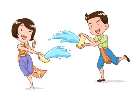 Water Festival Myanmar Cartoon, Songkran Festival Thailand, Water Pose, Thailand Festivals, Khmer New Year, Cambodian Art, Songkran Festival, Fashion Drawing Tutorial, Magical Creature