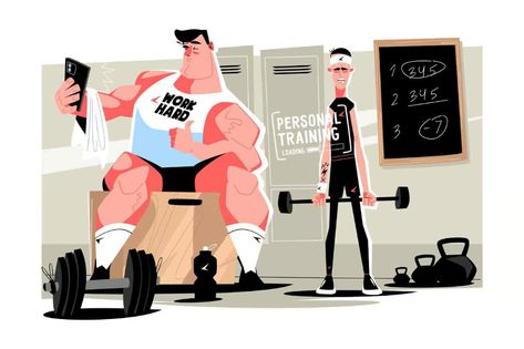 Workout In Gym With Professional Trainer, Illustrations ft. personal & professional - Envato Trainer Illustration, Workout In Gym, Bodybuilding Equipment, Train Illustration, Gym Trainer, Fitness Instructor, Gym Fit, Sport Gym, Fitness Coach