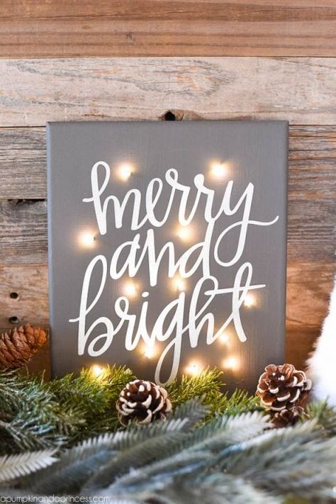 DIY Twinkle Light Christmas Canvas - how to make a Merry & Bright Christmas canvas with fairy lights Diy Christmas Canvas, Industrial Crafts, Romantic Industrial, Minimalist Farmhouse, Bathroom Contemporary, Diy Christmas Lights, Christmas Fairy Lights, Kitchen Elegant, Merry Bright Christmas