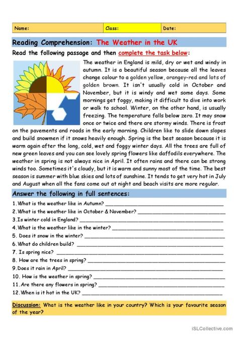 Intermediate Reading, Esl Reading Comprehension, Reading Comprehension Texts, Weather Vocabulary, Reading Comprehension For Kids, Esl Reading, Reading Comprehension Lessons, English Teaching Materials, Elementary Learning