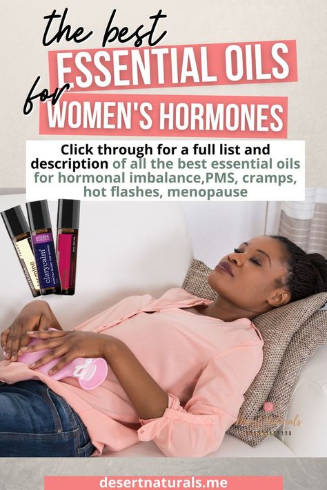 The best essential oils for women's hormones with 3 essential oil rollers and woman lying on sofa holding a water bottle. Hormone Balancing Essential Oils, Female Hormone Imbalance, Hormone Balancing Supplements, Are Essential Oils Safe, Health Podcast, Hormonal Balance, Essential Oil Blends Recipes, Hormone Health, Hormonal Changes