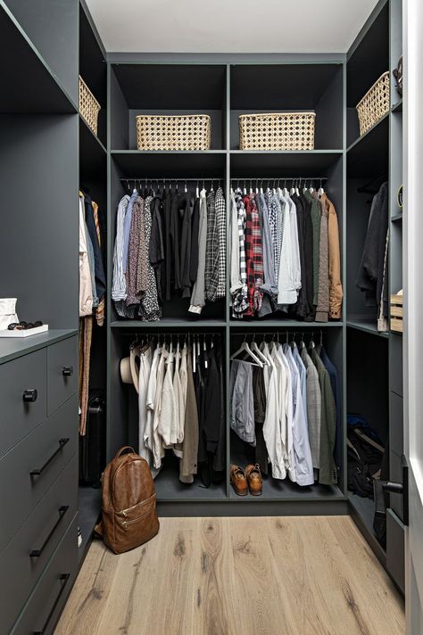 36 Walk-In Closet Ideas to Optimize Your Storage Space Walk In Closet Ideas Dark Wood, Dark Master Closet, Moody Master Closet, Dark Moody Walk In Closet, Moody Closet Room, Dark Moody Closet, Dark Closet Ideas, Moody Closet Ideas, Dark Closet Aesthetic