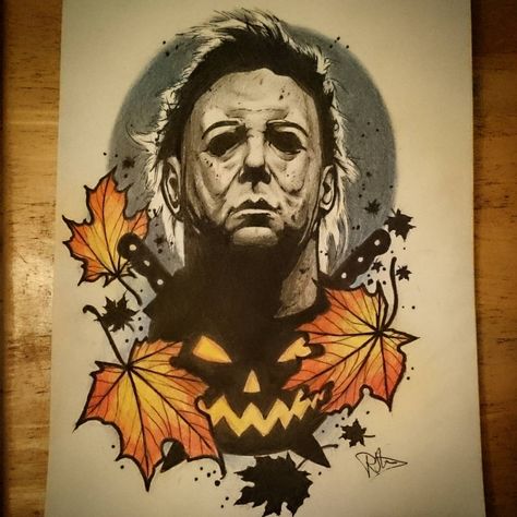 Couldn't resist colouring it in lol up for grabs for #halloween #tattoo #tattoos @steeleandinktattoo #tattooing #art #tattoolife #tattooworkers #artist #ink #inked #tattooart #tattoodesign #uk #design #drawing #sketch #horror #michaelmyers #film #movie #leaves #mask #pumpkin #neotradsub #neotrad #neotraditional #uktattoo #newtraditional #instagood Michael Myers Drawing, Michael Myers Tattoo, Michael Myers Art, Horror Movie Tattoos, Movie Tattoos, Theme Tattoo, Horror Artwork, Horror Movie Icons, Halloween Tattoo