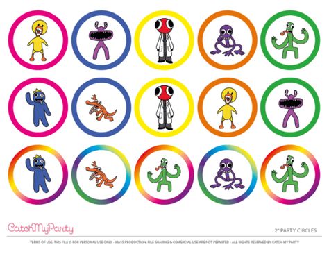 Free Rainbow Friends Party Printables -Party Circles Rainbow Friends Characters Printable, Rainbow Friends Party Games, Rainbow Friends Cake Topper Printable, Rainbow Friends Cupcakes, Rainbow Friends Party Ideas, Rainbow Friends Printable, Rainbow Friends Birthday Party, Rainbow Themed Birthday Party, Circle Rainbow