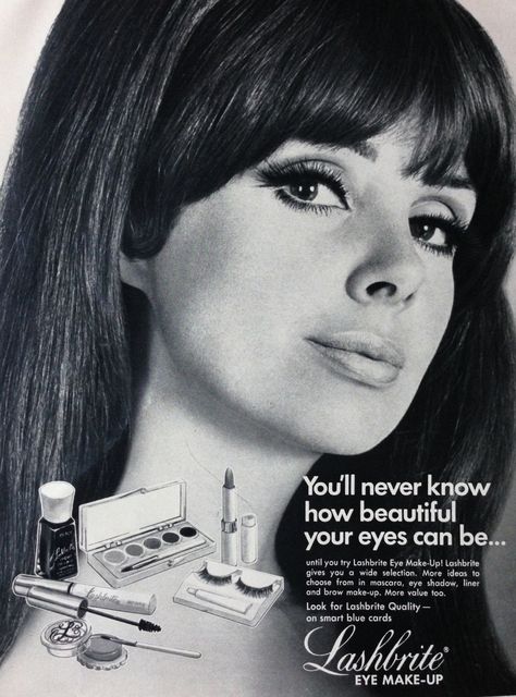 Lashbrite Eye Make-up, 1968. Makeup Advertisement, 1960s Makeup, Vintage Makeup Ads, 60s Makeup, Patti Hansen, Beauty Ads, 70s Makeup, Makeup Ads, Retro Makeup