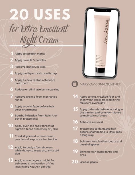 Mary Kay Emollient Night Cream Uses, Star Consultant Mary Kay, Extra Emollient Night Cream Mary Kay, Mary Kay Eyebrow Pencil, Mary Kay Tip Tuesday, Mary Kay Tips, Mary Kay Marketing Ideas, Mary Kay Scripts, Mary Kay Usa