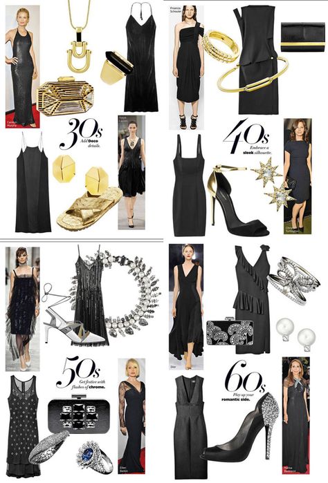 The little black dress through the years... Gold Accessories With Black Dress, Black Dress Accessories Jewelry Birthday, Black Prom Dress Gold Jewelry, Black Dress Gold Jewelry Cocktail, Black Dress Gold Accessories, Sparkle Outfits, Silver Heel, Wedding Guest Accessories, Lil Black