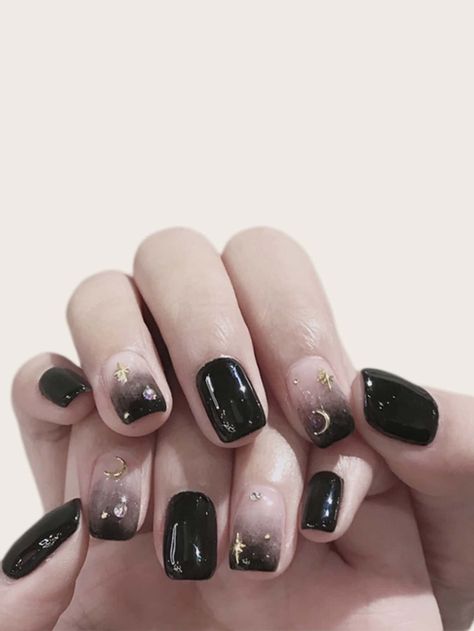 Tape Nail Art, Kutek Disney, Witchy Nails, Moon Nails, Gothic Nails, Goth Nails, Short Acrylic, Nails Black, Star Nails