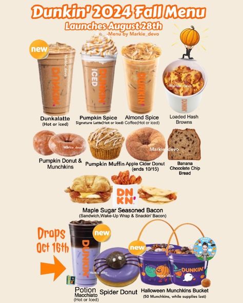 Markie_devo | Dunkin’ said move aside guys, we got a spooky bucket of our own!!😍🎃☕️ Here’s the Dunkin’ 2024 fall menu!! Beverages(drops August… | Instagram Dunkin Donuts Breakfast, Dukin Donuts, Dunkin Donuts Recipe, Dunkin Donuts Menu, Spider Donuts, Starbucks Fall Drinks, Starbucks Drinks Diy, Spiced Almonds, Halloween Menu