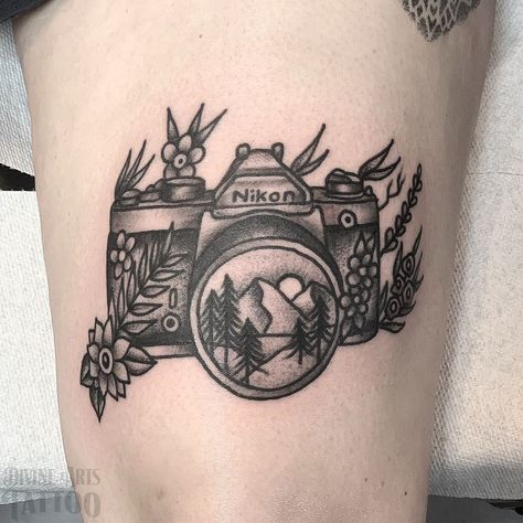 Mountain Polaroid Tattoo, Camera With Flowers Tattoo, Old Camera Tattoo, Photographer Tattoo Ideas, Camera Tattoo Ideas, Vintage Camera Tattoos, Cameo Tattoo, Waterfall Tattoo, Photography Tattoos