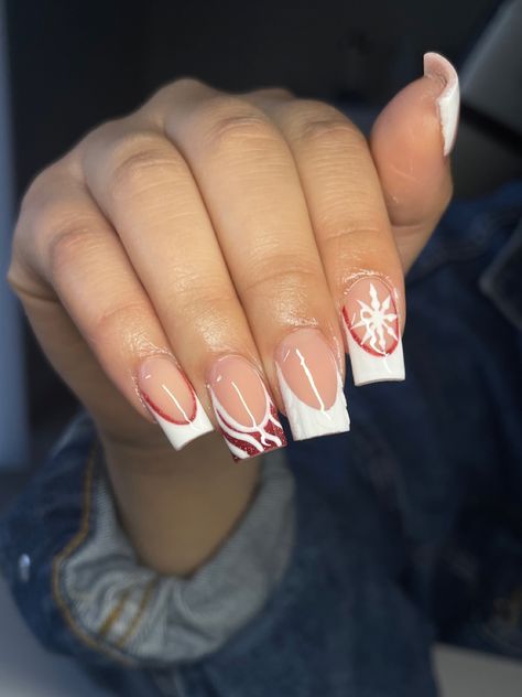 Red Glitter French Tip Nails Coffin, Red And White Christmas Nails French Tips, French Tip With Christmas Design, Red French Tips With White Snowflakes, Red French Tip With Silver Line, White French Tips With Red Bow, Red Christmas Nails, White French Tip, French Tip Acrylic Nails