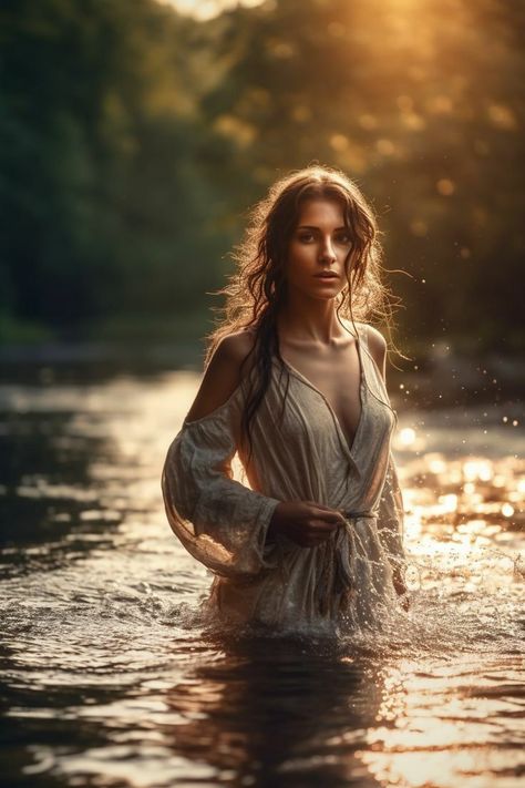 Flowy Dress In Water Photoshoot, Outdoor River Photoshoot Ideas, River Photography Ideas, Waterfall Portrait Photography, Model Shoot Ideas Outdoor, Long Dress In Water Photoshoot, River Shoot Photography, Senior Picture River, River Portrait Photography