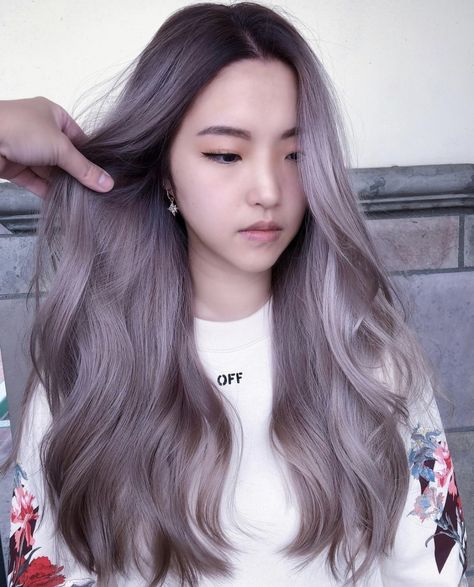 Milk Tea Purple Hair, Dark Blonde Purple Hair, Smokey Purple Hair Color, Smoky Lilac Hair, Lavender Beige Hair, Ash Purple Hair Color, Ashy Purple Hair, Ash Purple Hair, Purple Brown Hair