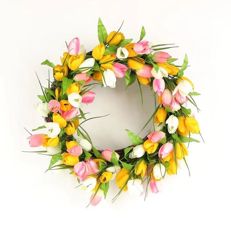 Spring Flower Wreath, Silk Wreaths, Easter Wreath Diy, Tulip Wreath, Tulip Bulbs, Boxwood Wreath, Hydrangea Wreath, Artificial Wreath, Rustic Wreath