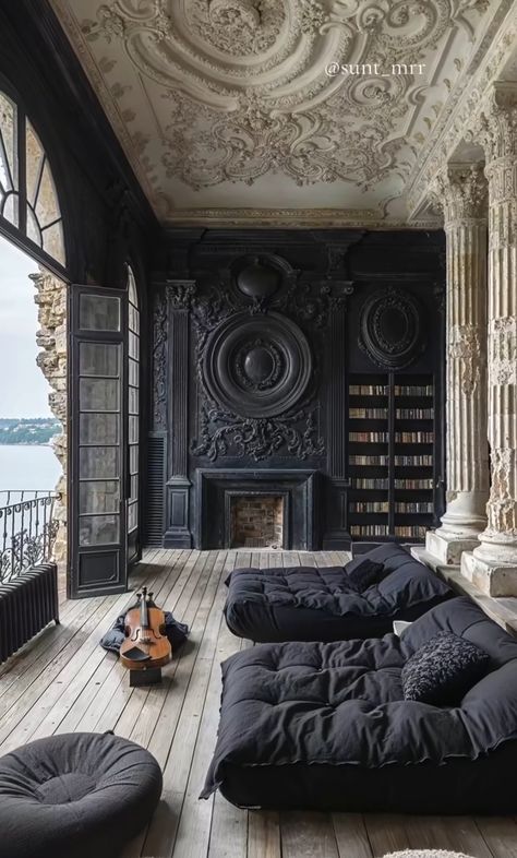 Cozy Dark Living Room, Modern Gothic House, Modern Gothic Home, Dark Living Room Ideas, Dark Living Room, Dark Living Rooms, Dark Home Decor, Dark Home, Dark Interiors