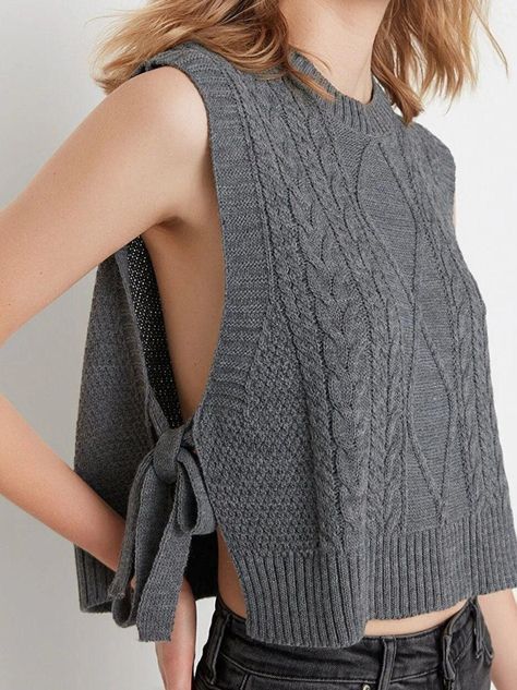 Valentine's Day Gift for Her: Loose Fit Side-Tie Detailed Sleeveless Knitted Cropped Sweater, Woman Crochet Top, Handmade Tank Top Vest Knitting, Knitting Summer, Mode Crochet, Sweater Chunky, Tie Women, Tank Top Outfits, Cropped Pullover, Sweater Tank Top, Knitting Women Sweater