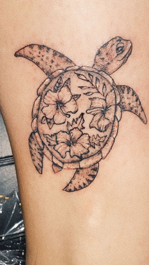 Hawaiian Sea Turtle Tattoo Hibiscus, Hibiscus And Turtle Tattoo, Turtle With Hibiscus Tattoo, Tropical Tattoos, Shoulder Cap Tattoo, Turtle Tattoos, Tropical Tattoo, Infinity Tattoo Designs, Turtle Tattoo Designs