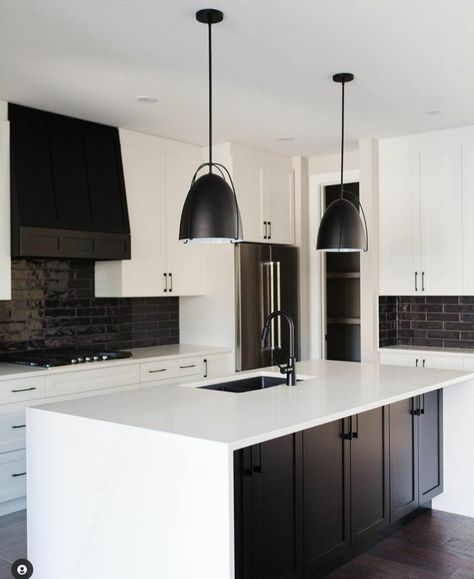 Black Accent Kitchen White Cabinets, Black Island Kitchen Ideas, Black Backsplash White Cabinets, Black Kitchen Island White Cabinets, White Cabinets Black Backsplash, Black Backsplash Kitchen White Cabinets, White And Black Kitchens, Black Island White Cabinets, White Cabinets Black Island