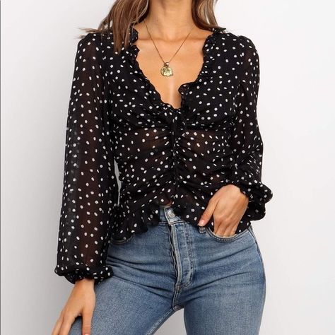 Petal & Pup | Tops | Nwt Petal Pup Cherrie Polka Dot Blouse | Poshmark Black Polka Dot Top Outfit, Polka Dot Top Outfit, Black Polka Dot Top, Bow Tie Top, Polka Dot Blouse, Crop Top Blouse, Polka Dot Pattern, Black Polka Dot, Fall Winter Outfits