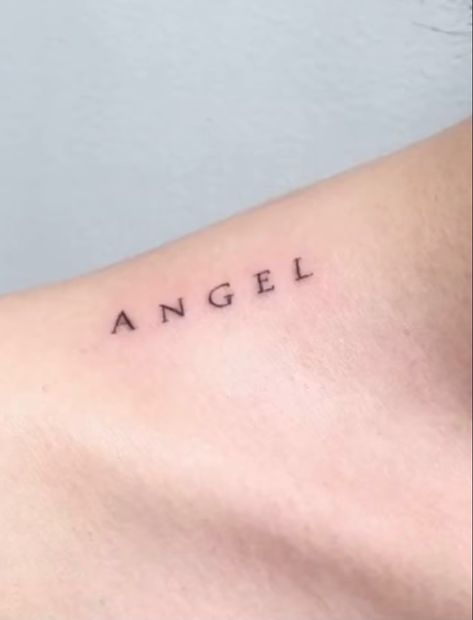 Angel Word Tattoo, Cursive Tattoos, Word Tattoo, Discreet Tattoos, Dainty Tattoos, Angel Tattoo, Hip Tattoo, Simplistic Tattoos, Word Tattoos