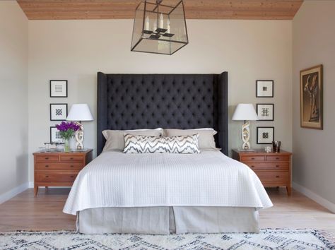 dark gray grey upholstered headboard tufted linen neutral bed bedroom natural wood 2016 long lumbar pillow body pillow Grey Upholstered Headboard Bedroom, Dark Grey Headboard Bedroom, Upholstered Headboard Bedroom Ideas, Dark Grey Headboard Bedroom Ideas, Dark Grey Headboard, Grey Tufted Headboard, Grey Headboard Bedroom Ideas Decor, Dark Headboard, Grey Headboard Bedroom Ideas