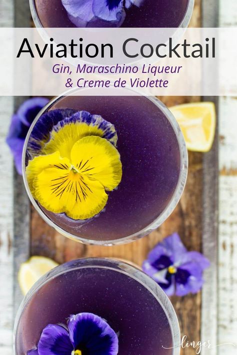 Aviation Cocktail from the 1900's pre-prohibition era that merges gin, Creme de Violet Liqueur, fresh lemon juice, and Maraschino Liqueur to create a drink with a gorgeous purple hue. A classic craft cocktail that hints at a delightful floral touch with a balance of both sour and sweet. A quick and easy drink that is sure to impress. Violet Cocktails, Purple Gin Cocktail, Lemon Lavender Vodka Cocktail, Lavender Bees Knees Cocktail, Aviator Cocktail Recipe, Violet Liqueur Cocktails, Dinner Party Entrees, Grape Brandy, Aviation Cocktail