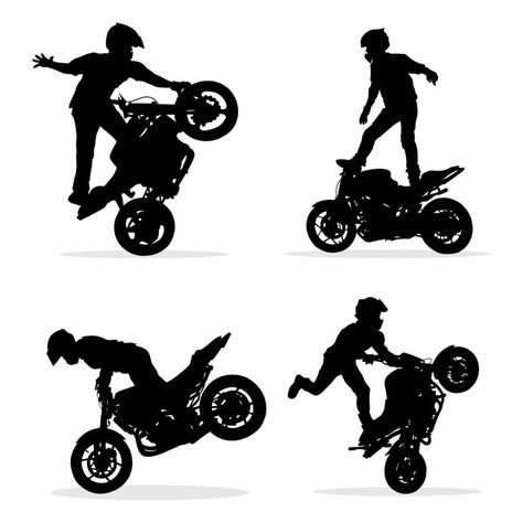 silhueta do uma profissional motociclista realizando perigoso acrobacias em dele moto. vetor ilustração conjunto Dangerous Stunts, Professions, Adobe Stock, Stock Vector, Vector Illustration, Stock Photos