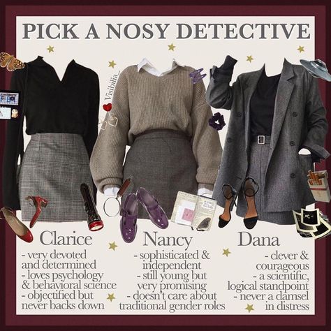 𝐌𝐚𝐡𝐚𝐥𝐢𝐚 🌼 on Instagram: “𝙋𝙞𝙘𝙠 𝙖 𝙣𝙤𝙨𝙮 𝙙𝙚𝙩𝙚𝙘𝙩𝙞𝙫𝙚 Who are you? Who would you solve some mysteries with? • I’m very much Clarice but I need myself a Dana tbh! • Ahhhhh…” Nancy Drew Costume, Dark Academia Fashion Pants, Dark Academia Outfits, Goth Outfit, Niche Memes, Academia Outfits, Academia Style, Dark Academia Fashion, Academia Fashion