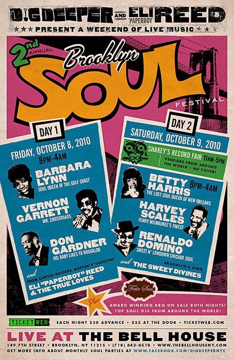 2nd Brooklyn Soul Festival Poster 2010: Barbara Lynn, Betty Harris, Vernon Garrett, Harvey Scales, Don Gardner & Renaldo Domino Concert Promotion Ideas, Festival Poster Design Events, Vintage Festival Poster, Comedy Festival Poster, Leticia Lima, Comedy Festival, Infographic Design Layout, Vintage Festival, Event Poster Design